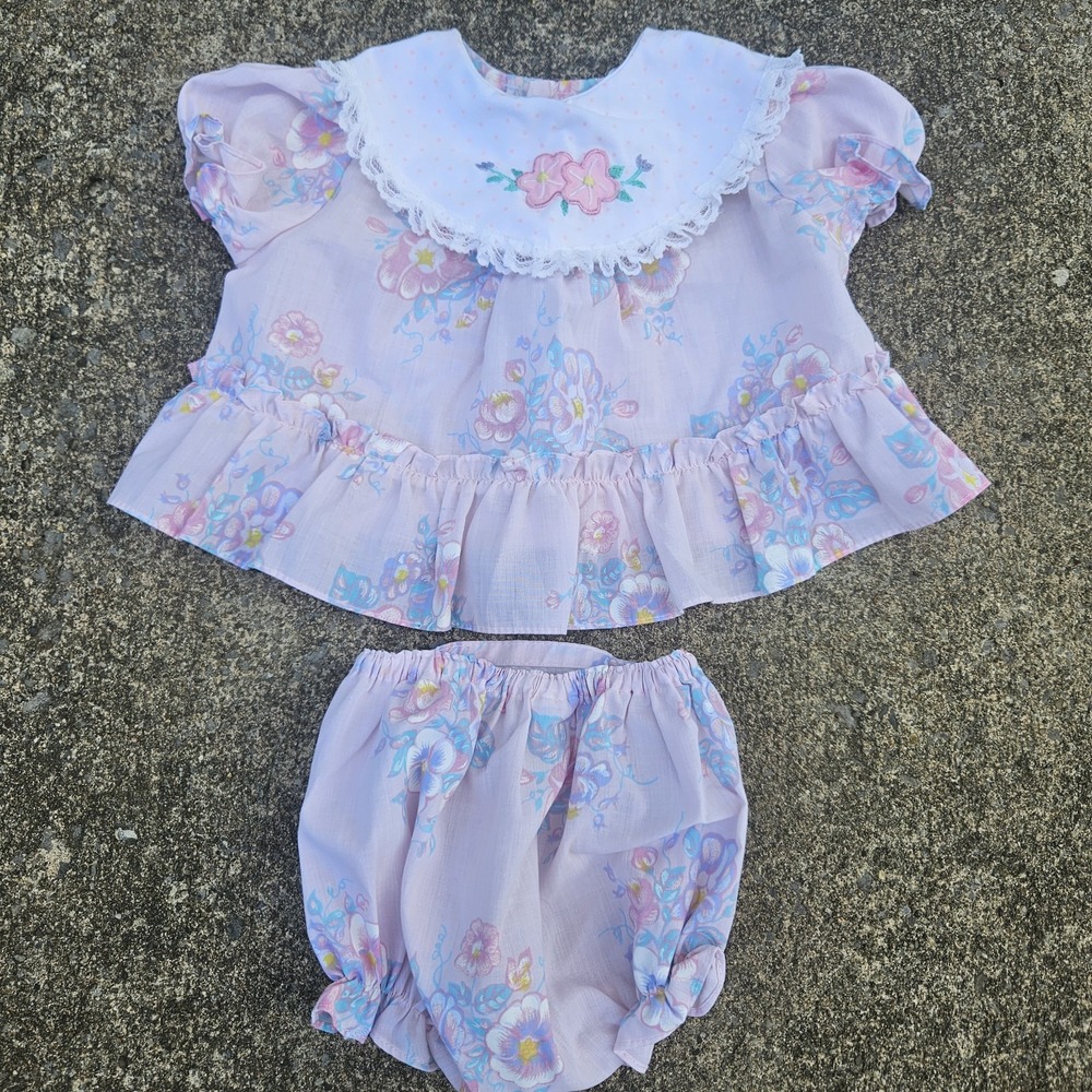 Vintage 90s Baby Girl Pink Lace Diaper Bloomer Set 0-6M Cottagecore Floral